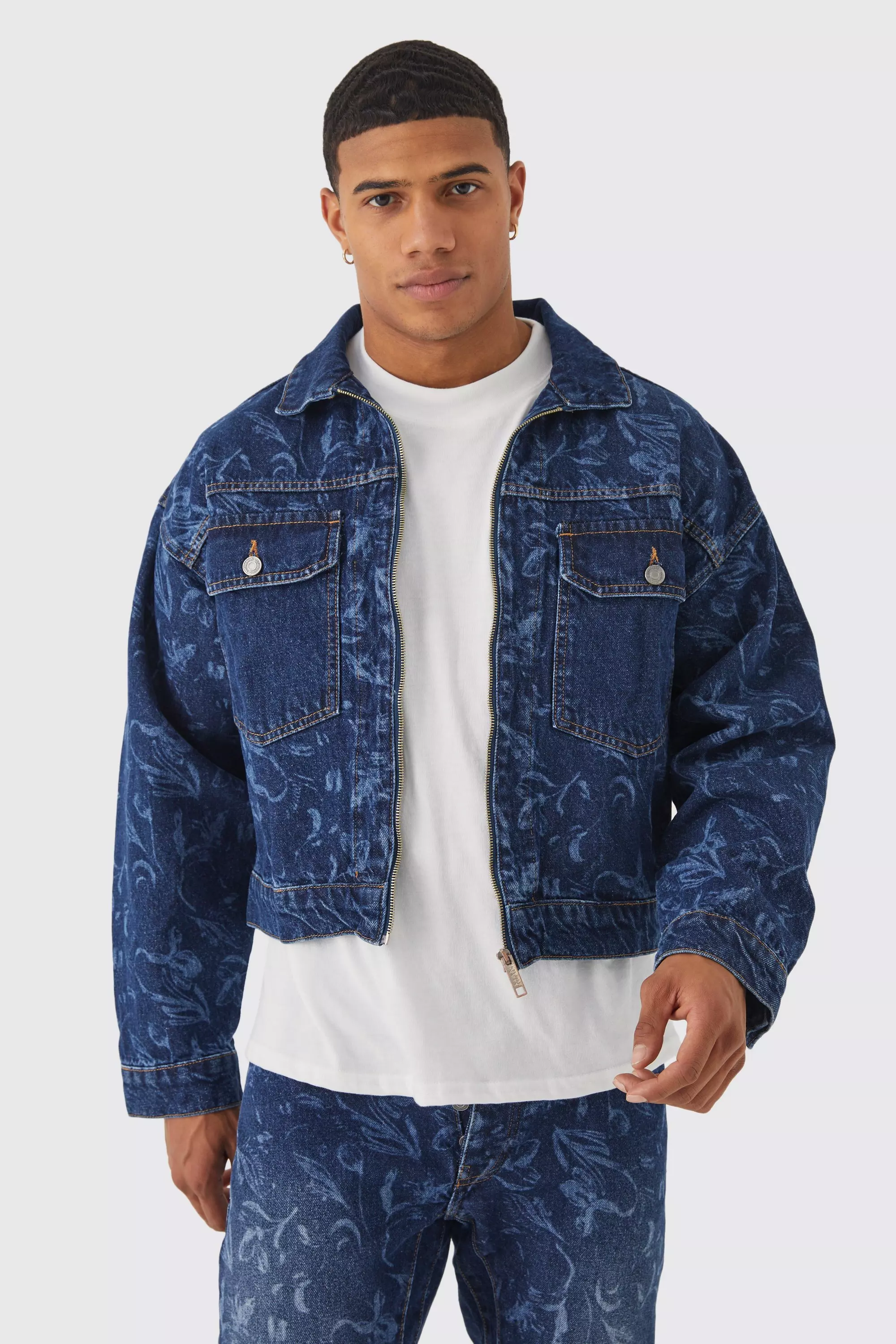 Boxy Fit Zip Through Laser Print Jean Jackets